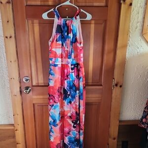 Eliza J Vibrant Floral Dress with Red and Blue Accents